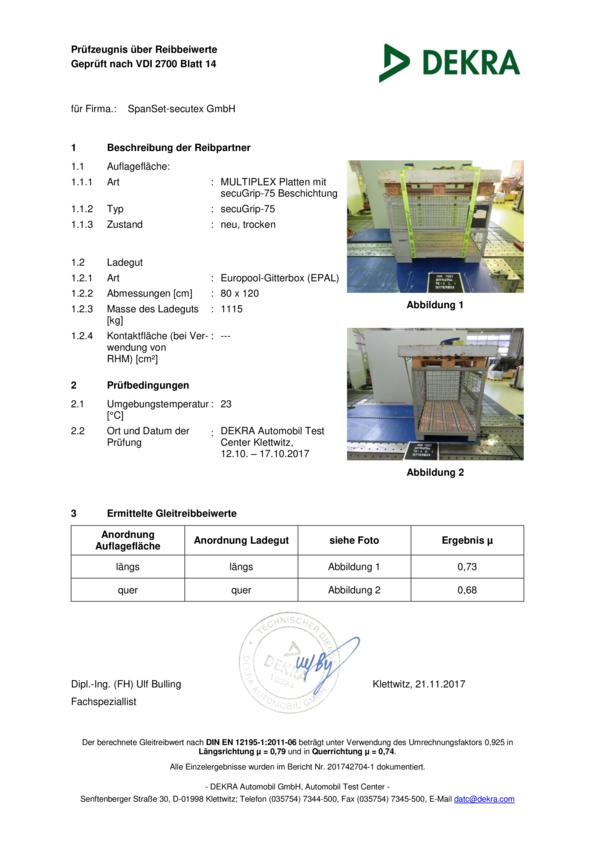 DEKRA Zertifikat secuGrip75