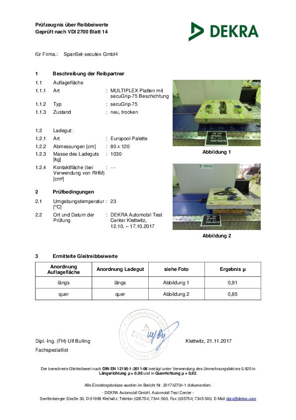 DEKRA Zertifikat secuGrip75