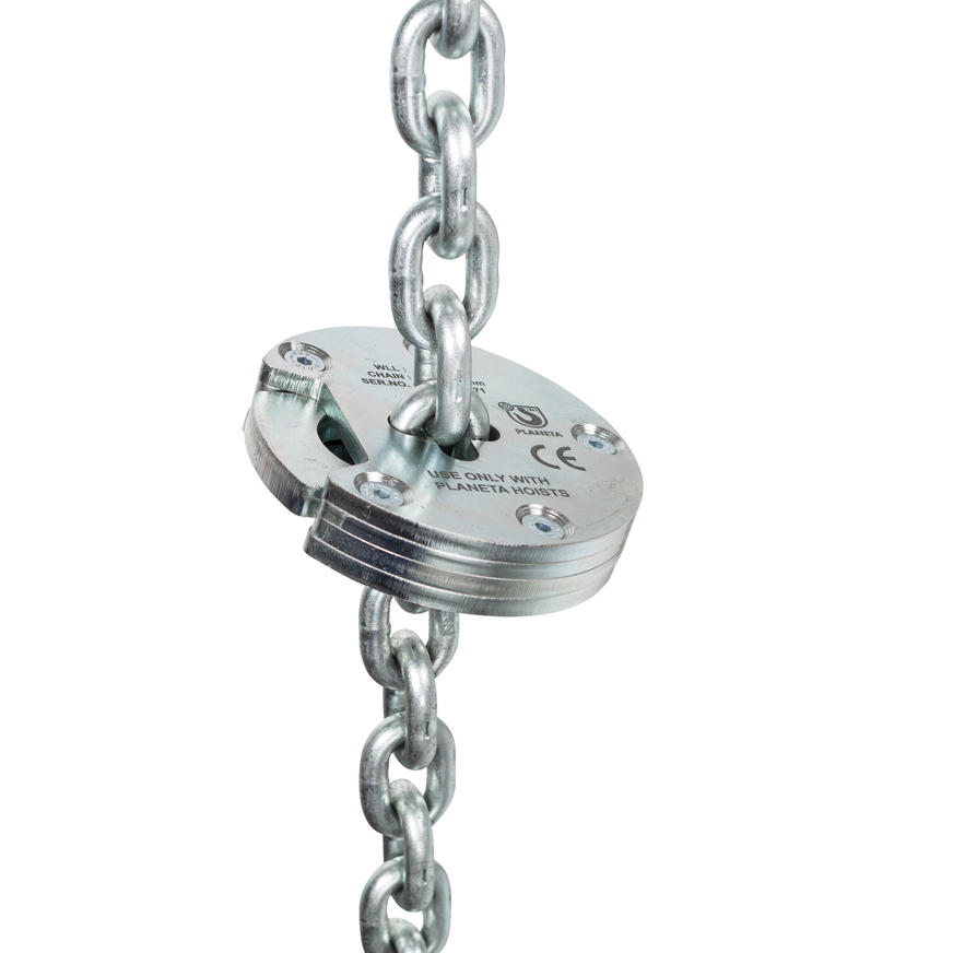 (optional) Kettensperrschloss: Verhindert ein Durchrutschen der Lastkette durch das Hubgehäuse. 